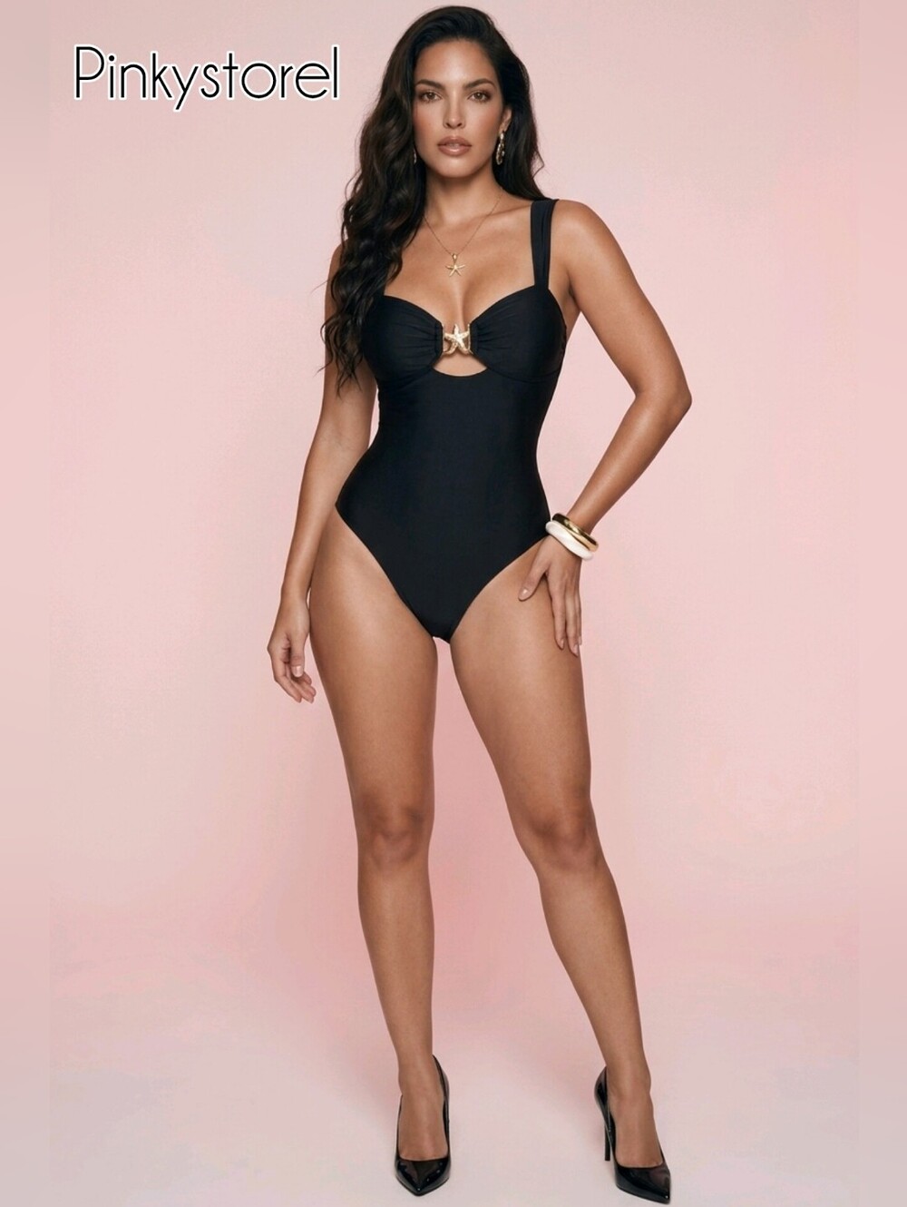 Black One-Piece Swimsuit with Gold Accent